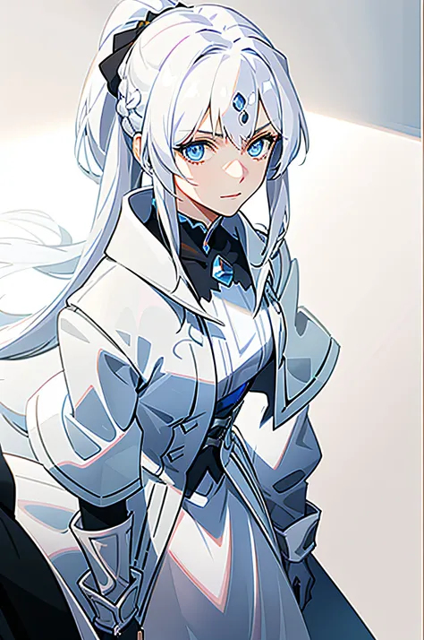 "((masterpiece)), best quality, ultra-detailed, extremely detailed, (1 girl), flowing white hair, blue eyes, blue and white impe...