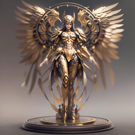 gold theme,(1 mechanical female warrior,anatomically correct,full body,wings,smile,standing,circular base),black and white backg...