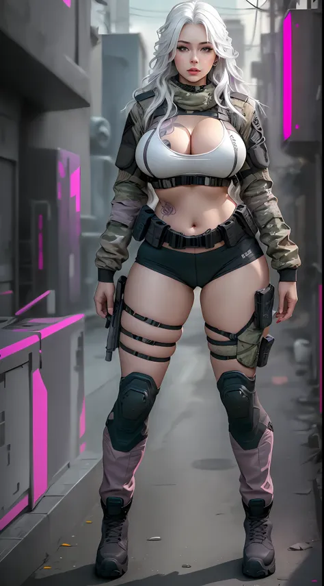 Grey, pink, white, purple, (long white hair woman), (full body shot), tattoos, chubby, big breasts, cleavage, sexy, erotic, (tactical techwear clothes:1.1), (tactical boots:1.1), abstract lines and circles background