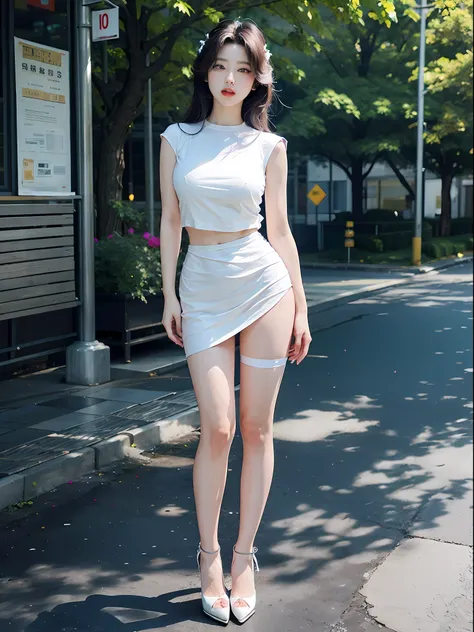 white  clothes,skirt that wraps hips,black lence stockings,high-heels,amazing lighting,cinmatic lighting,the street,（best qualti...