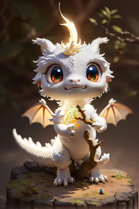 a white dragon，eyes glowing，tree branch, cute little dragon, newly hatched dragon, adorable glowing creature, soft delicate drac...