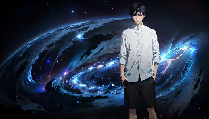 A Chinese man stands in a nebula,Short black hair and black eyes,Wearing a white half-sleeved shirt and black shorts,cool guy,Handsome face,Hands in your pockets,tmasterpiece,Detail HD,high textured,Close up,电影光感,movie picture quality