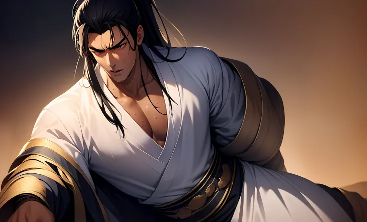 two-dimensional, anime style, man (male warrior), muscle, correct proportions, face details, martial arts, high ponytail hairsty...