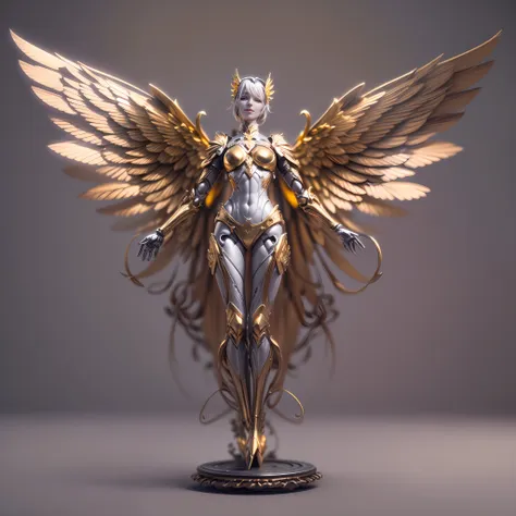 gold theme,(1 mechanical female angel,anatomically correct,full body,wings,smile,standing,circular base),black and white backgro...