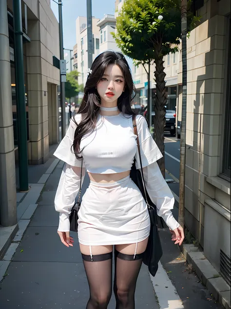 white  clothes,skirt that wraps hips,black lence stockings,high-heels,amazing lighting,cinmatic lighting,the street,（best qualti...