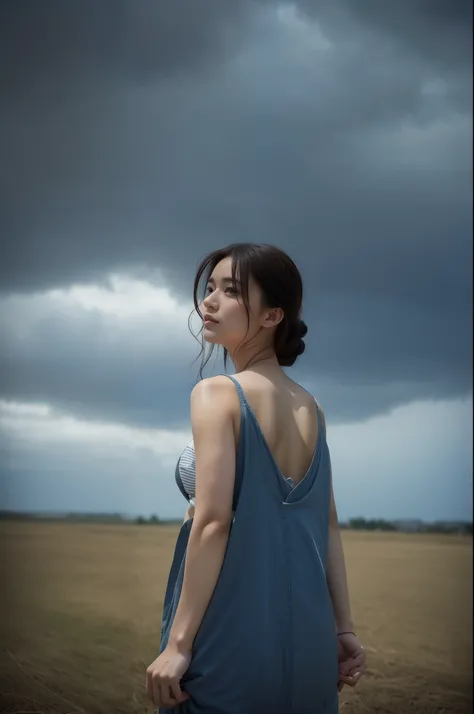 1girl in,Very beautiful 30 year old Japan woman、beautidful eyes、cleavage of the breast、the wind、cloudy ash sky、Its raining a little、Body like a model、The shirt、T back、open ones legs、high-level image quality、Top image quality、Looking at the camera、Focus on ...
