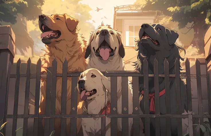 three dogs sit behind the fence with their mouths open, kawasi, today's featured anime stills, by yang j, dogs, guviz, ross tran...