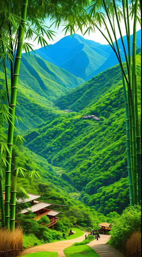 "a mountainous landscape with lush bamboo and a beautiful forest."