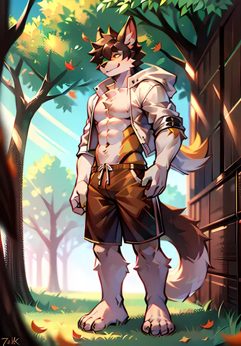 Libido boy,Cat ears,shaggy,large tail,Yellow and white coat color,Bare upper body,height of one meter seven,handsome,Character focus,muscline,Summer shorts,toes,Grass background,Autumn leaves,maple trees,Ultra-high resolution,4K