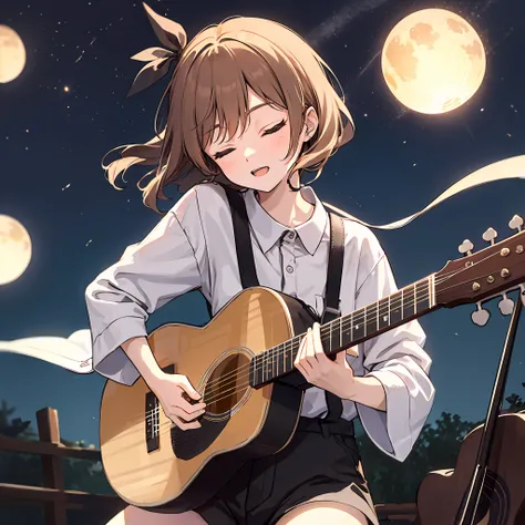 ((natta)),((acoustic guitar)),femele,Night view,Beautiful fece,Play with your eyes closed,high-level image quality,only one acoustic guitar