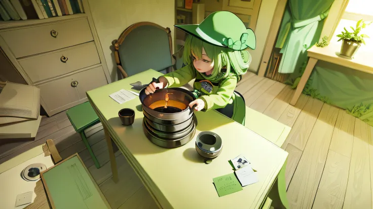 There is a caricature of a woman in a green hat and a green shirt, making a potion, brewing potion in witch hut, drawn in anime painter studio, she is in the potions workshop, 2 d illustration, 2D illustration, made with anime painter studio, 2 d render,, ...