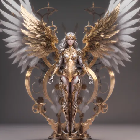 mechanical style,gold theme,(1 mechanical female angel,anatomically correct,full body, （arms behind back:1.2）,golden wings,stand...