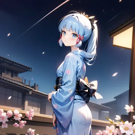1girl, a distant girl in a kimono staring at the stars, (zoomed out: 1.1), (meteor shower: 1.2), (comet: 1.1), your name, low angle, from behind, northern lights, shooting stars, yukata, red kimono, cherry blossoms, Standing in the field, best quality, mas...
