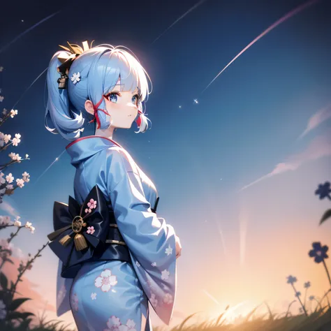 1girl, a distant girl in a kimono staring at the stars, (zoomed out: 1.1), (meteor shower: 1.2), (comet: 1.1), your name, low angle, from behind, northern lights, shooting stars, yukata, red kimono, cherry blossoms, Standing in the field, best quality, mas...