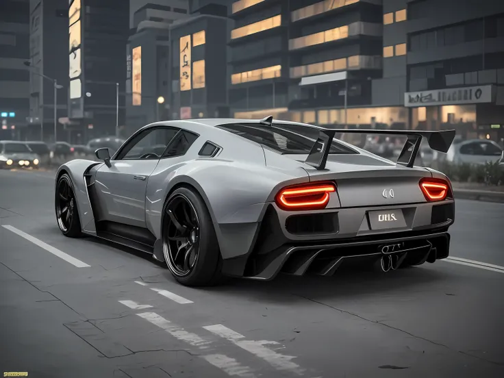 cyberpunk (with glowing rims), wide tires, at the parking lot, at night city, grey matt, a black car with wide tires, silver rims, a throw like a carwetta c8 and a rear like a bugatti diwo