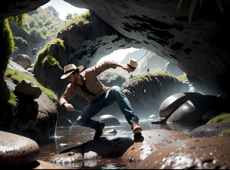 1920s, 40-year-old american man, college professor, wearing a wide-brimmed hat,, safari shirt and jeans, travel through rocky ca...