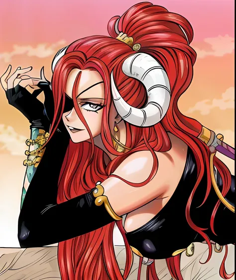 A closeup of a woman with red hair and horns on her head, white horns queen demon, Retrato de Hisoka Hunter Hunter, Erza Scarlet como uma pessoa real, colored manga art, from one piece, nami one piece, suas muitas cobras como cabelo;, lineart colorido, str...