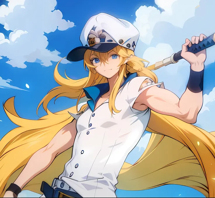 personagem de anime com um taco de beisebol e uma roupa de marinheiro, arte chave do anime, guilty gear strive splash art, estilo de arte guilty gear, hero 2 d fanart artsation, Marin Kitagawa Fanart, Arte Oficial, Marisa Kirisame, cara de anime alto com o...