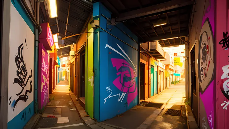 top-quality、​masterpiece、movie、volumetric lighting、graffiti art on the wall of the alley、sateen、scribbled art alley