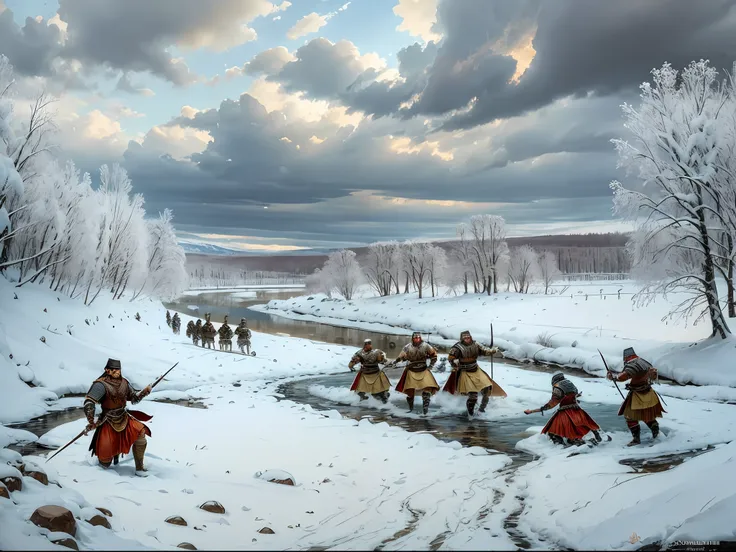 make a oil painting of the late renaissance style depicting a battle between 2 ancient roman armies of germanic theme on a snowy...