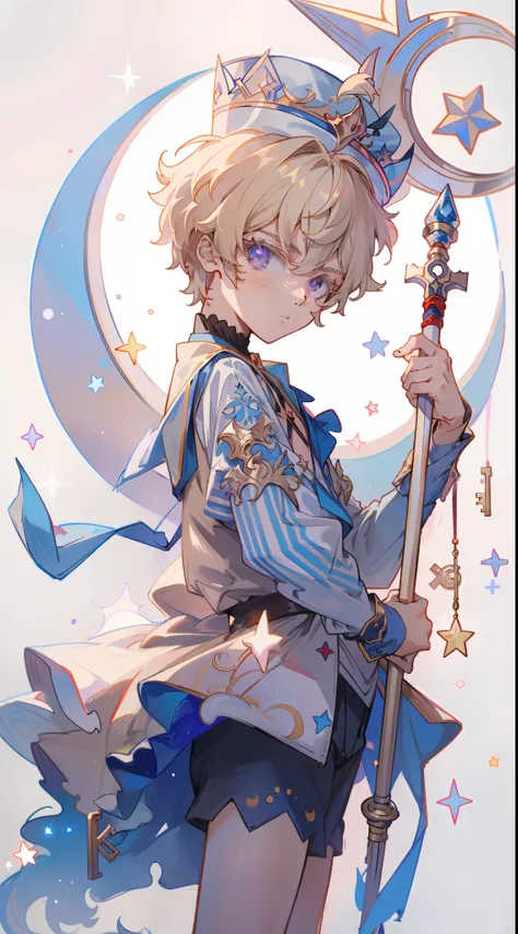 anime boy with stars and wand in his hands, delicate prince, portrait of magical blond prince, highly detailed exquisite fanart,...