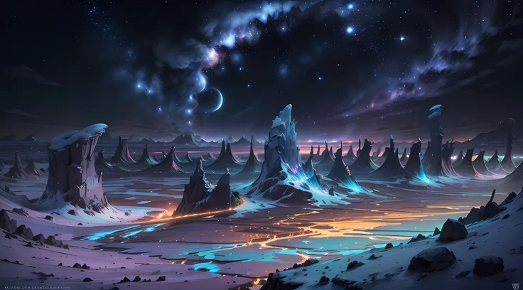 (Absurdo, cinemactic, UHD, mais alto, Ultra Detalhado, Ultra Detalhado) fotografia de paisagem expansiva, (a view from below that shows the sky above and the open field below), (pegue a chave: 1.2), (estrelas cadentes: 0.9), (nebulosa: 1.3), montanha dista...