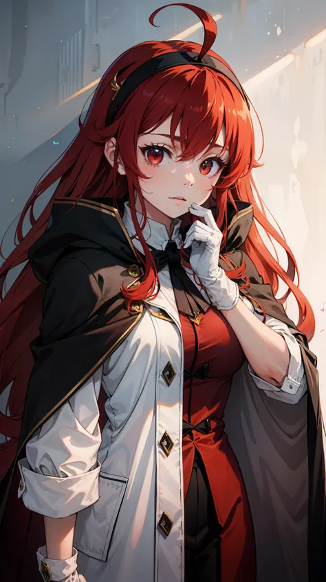 upper body, 1girl, Eris Greyrat, red hair, red eyes, ahoge, hairband, capelet, coat, gloves, (masterpiece:1.2), highres, best quality, 8k, very clear,