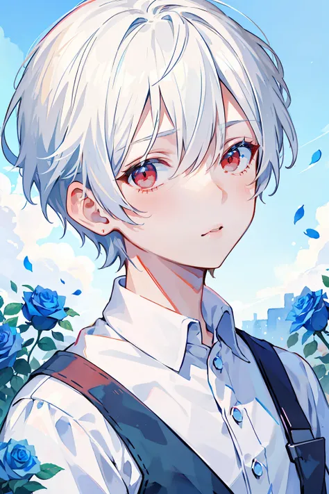 (high-quality, breathtaking),(expressive eyes, perfect face), 1boy, male, solo, short, young boy, short white hair, red eyes, ( watercolor (medium), blue sky background, water, roses