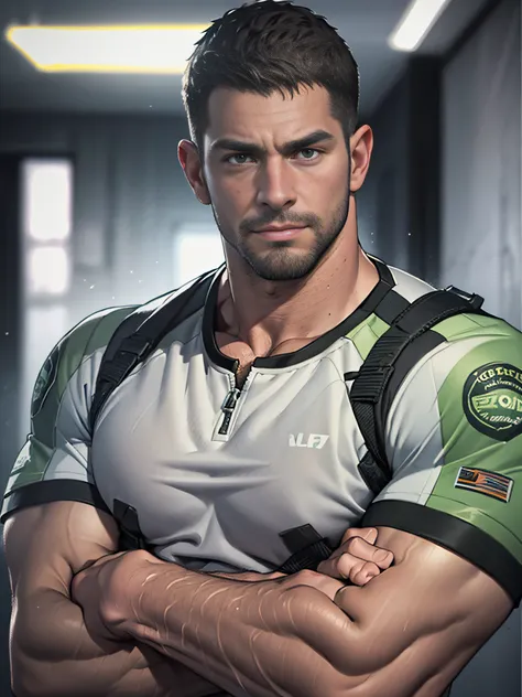 1 man, solo, 35 year old, chris redfield, wearing green t shirt, smirks, white color on the shoulder and a bsaa logo on the shou...