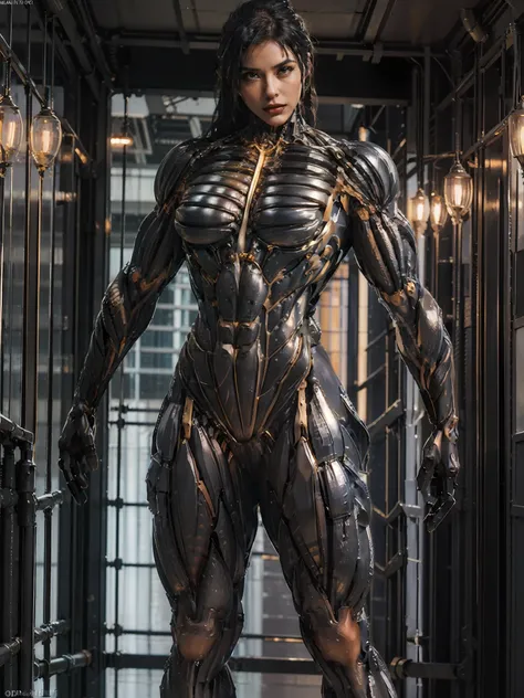 (borg queen:1.25), (muscular black borg queen metallic filigree intricate cybernetic skin tight muscle suit:1.5), (full body pose:1.5), white skin, white hair, (perfect anatomy:1.5), (huge muscular arms:1.5), perfect model face, beautiful gorgeous smile, ...