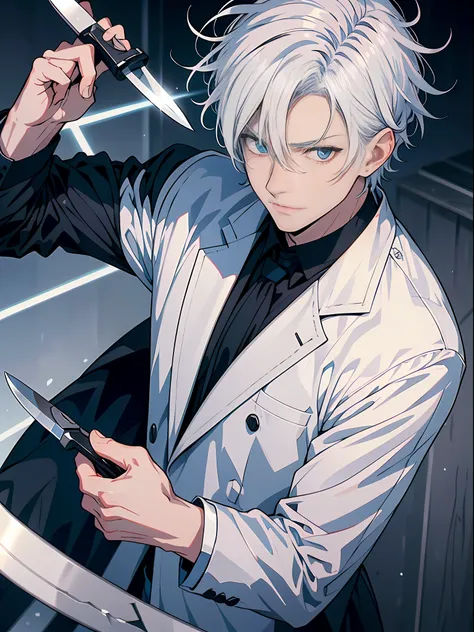 stylistic image of a man with white hair and a knife，white hair，white hair，he has dark grey hairs，white-haired god，tall anime gu...