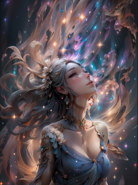 "a stunning woman adorned in a radiant dress amidst swirling galaxies