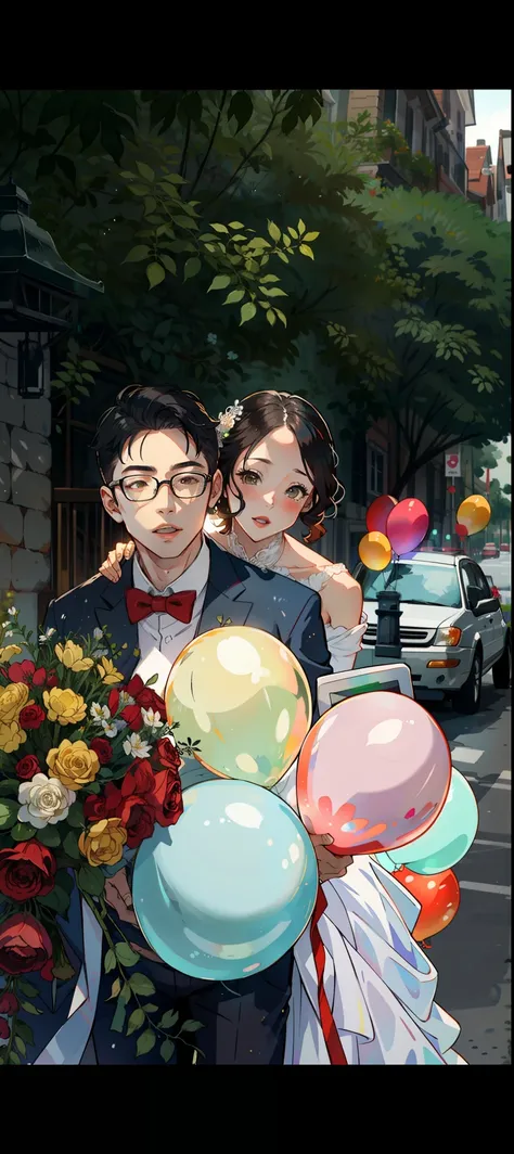 wedding gown,balloons,Battery car,fresh flowers