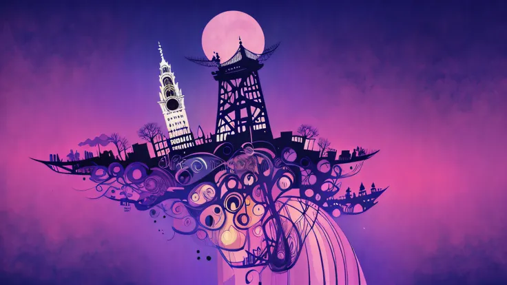 a drawing of a city with a clock tower and a clock tower, Anime Cidade Lineart, concept illustartion, desenho conceitual, Linework altamente detalhado, arte conceitual acabada, full-page illustration, arte conceitual do trabalho de linha, arte conceitual o...