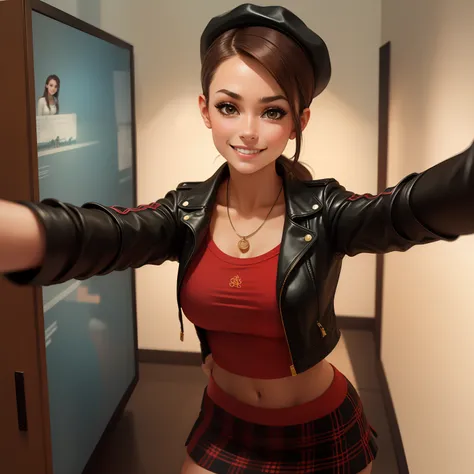 Beautiful Brazilian girl, brown hair in a ponytail, 18 years old, beautiful thin figure
She is taking a selfie in an art museum, wearing a black hat, a red leather jacket and a plaid skirt, smiling