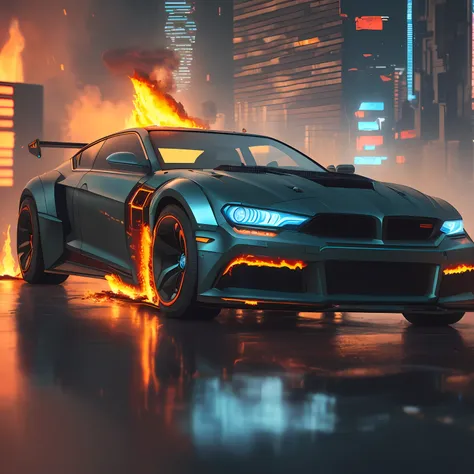 ((cyberpunk futuristic car on fire)) ((realistic lighting, best quality, 8k, masterpiece:1.3)) focus:1.2,carved abs:1.1, (outdoo...