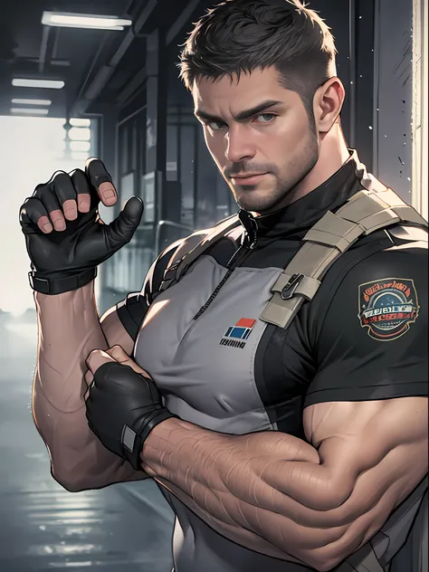 1 man, solo, 35 year old, chris redfield, wearing grey t shirt, smirks, black color on the shoulder and a bsaa logo on the shoul...