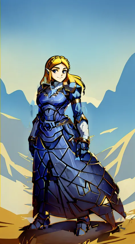 Heavy Royal Armor, Thick armor plates, royal blue with white and gold, armored dress, heavy knight armor, tri-force symbol on breastplate