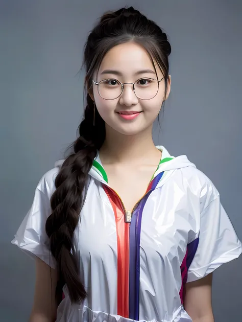 A 16-year-old Chinese female high school student,Wearing a PVC green sweatshirt