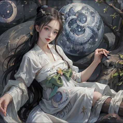 a 20-year-old woman, a girl Chinese fairy, gloom face, beautiful Chinese fairy tale face, beautiful face without flaws, slender body, fair skin, thin and beautiful lips, soft smile, keep your mouth shut again, (The scene of the moonlight is magical:1.8), t...