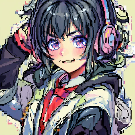 anime girl with headphones and a jacket on, lofi portrait, anime style. 8k, #pixelart:3, 《ghost wind special assault team》the ar...