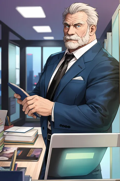 huge muscular old man wearing a sleek suit, busy at work in a contemporary office