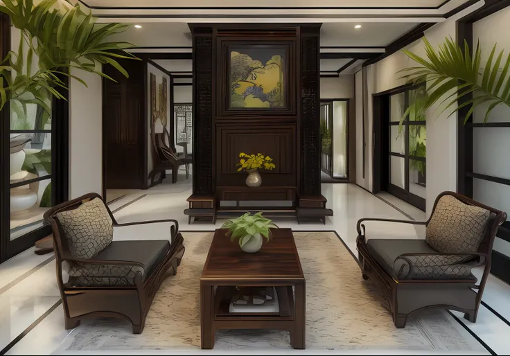 (( masterpiece)) (( ultral realistic)) (( sharp forcus)) (( high detail)) livingroom in indochina style,china , vietnam, black wooden furniture, wallpaper, patent,glossy, ceramic tiles floor,. wood floor
