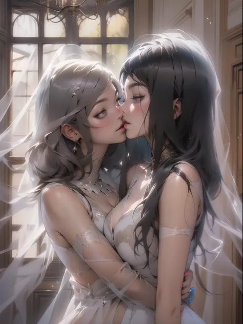 A close-up illustration of two ghostly lesbian girls in a sensual pose and with a micro skirt showing tiny floss, floating in the hall of an abandoned mansion as they kiss, cena sensual, corpos sexy, roupas totalmente brancas e transparente, pele branca e ...