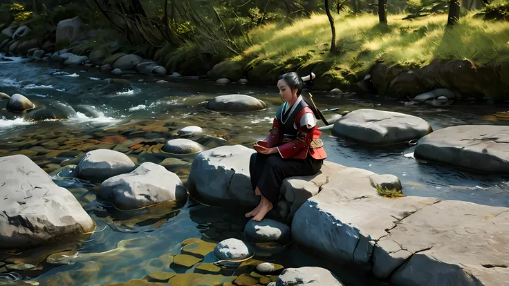 beautiful samurai, meditating sitting, on the edge of a river full of stones, at sunset, ultra realistic photo, perfect face det...