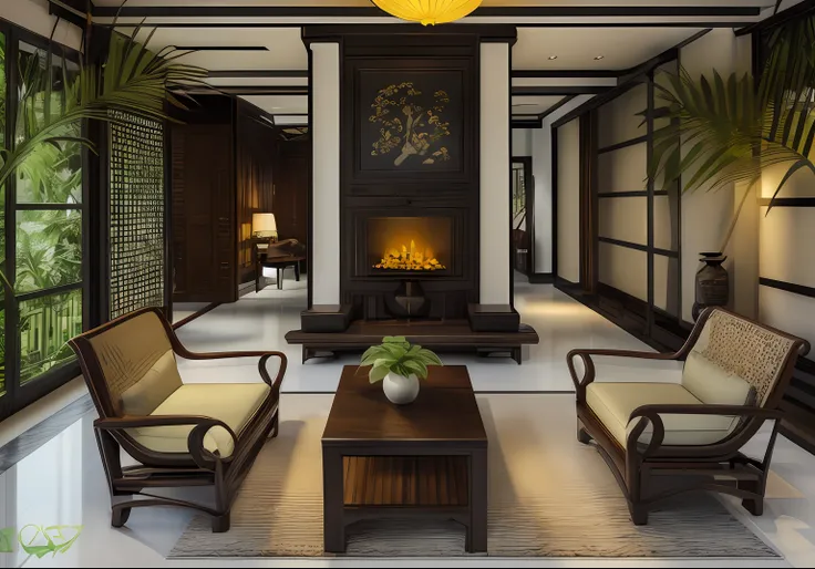 (( masterpiece)) (( ultral realistic)) (( sharp forcus)) (( high detail)) livingroom in indochina style,china , vietnam, black wooden furniture, wallpaper, patent,glossy, wood floor, sofa indochine