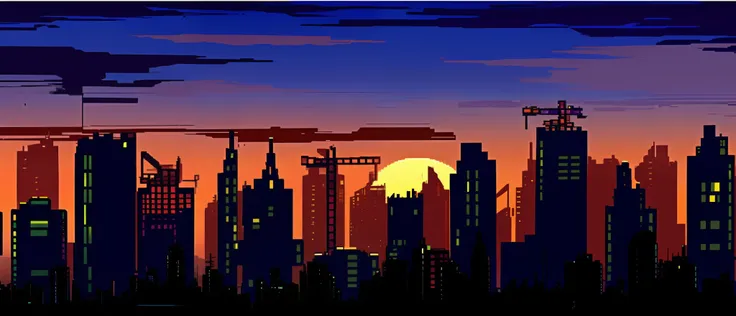 close-up of the city with sunset as background, city sunset, cyberpunk pixel art, anime style cityscape, defeated cities. neo no...