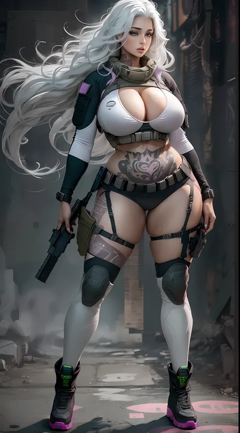 Grey, pink, white, purple, (long white hair woman), (full body shot), (tribal tattoos:1.1), (muscular;1.1), voluptuous curvy thick busty, big breasts, cleavage, sexy, erotic, (tactical techwear clothes:1.1), (tactical boots:1.1), abstract lines and circles...