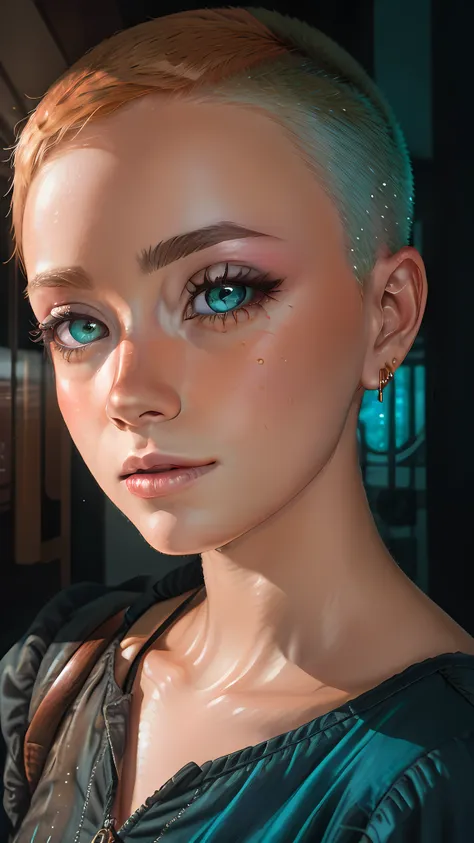 a character with jade eyes and ginger hair, buzzcut_hairstyle, in the style of detailed atmospheric portraits, sparkling water r...