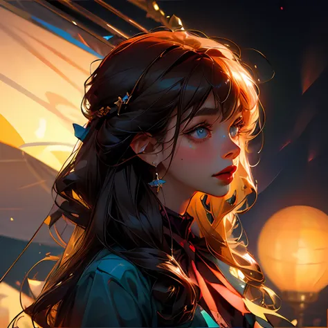 (extremely delicate and beautiful: 1.2), 1girl, bangs, blue eyes, blur, blur background, bow, brown hair, shut up, side view, hair between eyes, hair bow, lantern, light particles, long sleeves, look looking at audience, medium hair, night, red bow, solo, ...